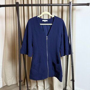 Alexis | Size L | Dominique Navy Blue Wool Mini Dress with Exposed Silver Zip